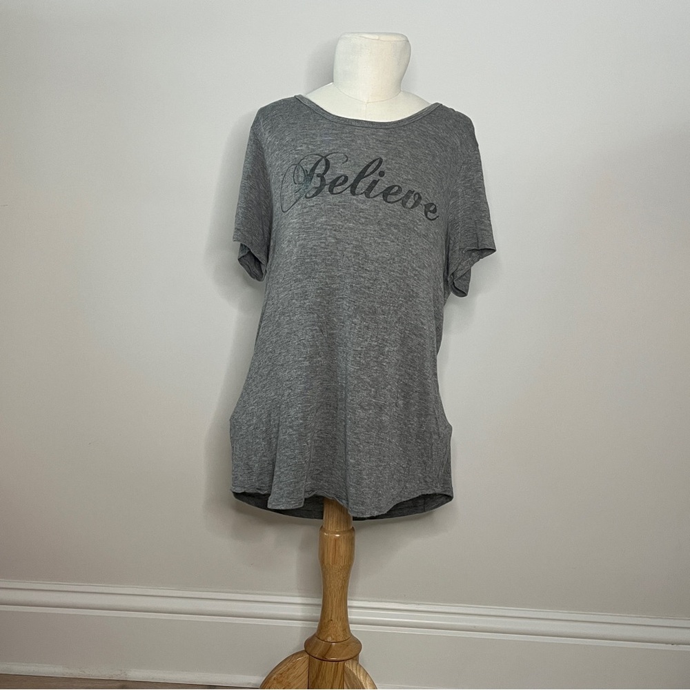 Gray Women's Top with 'Believe' Print